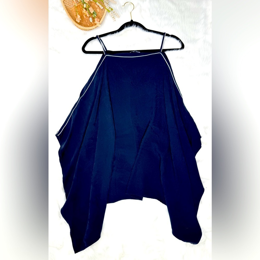 Lafayette 148 Long Sleeve Navy Silk Blouse Back Buttons size 14
